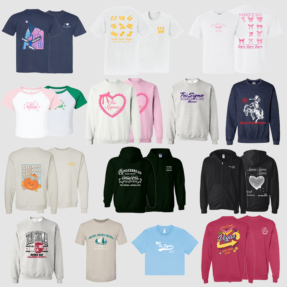  Sigma Sigma Sigma merch mockup featuring sevral apperel items I had created for my sorority events