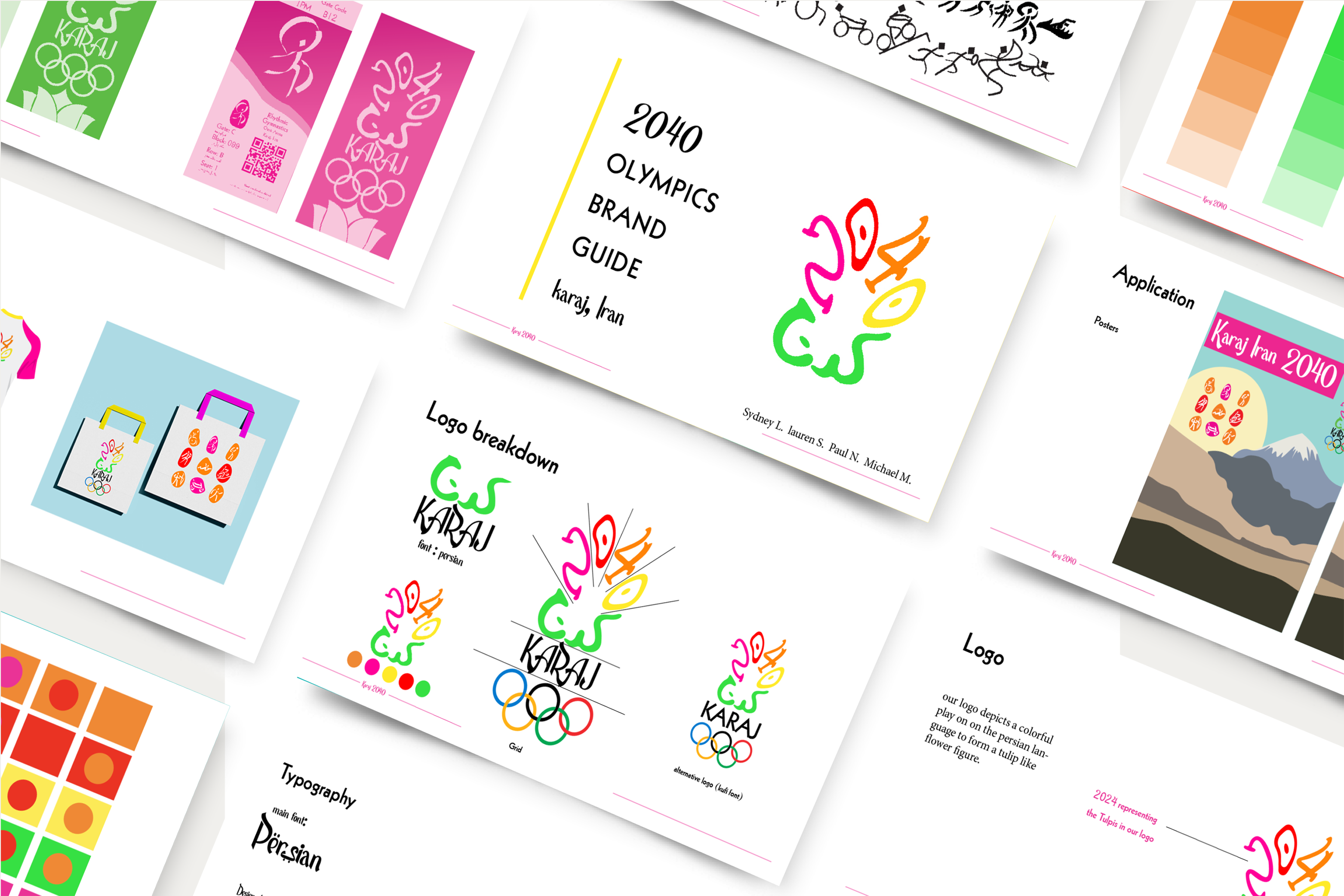 Olympics brand guide mockup layed out on a table featuring logo designs, mockups, typography  process and colors