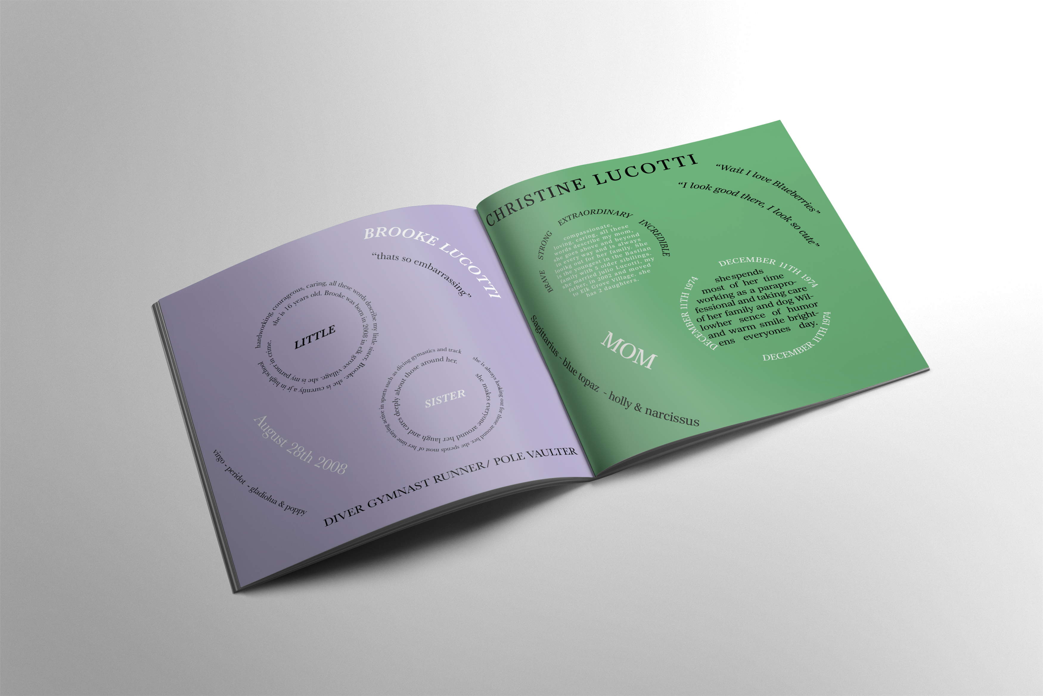  purple brooke page and green christine page shown as an opened flipbook of both the pages