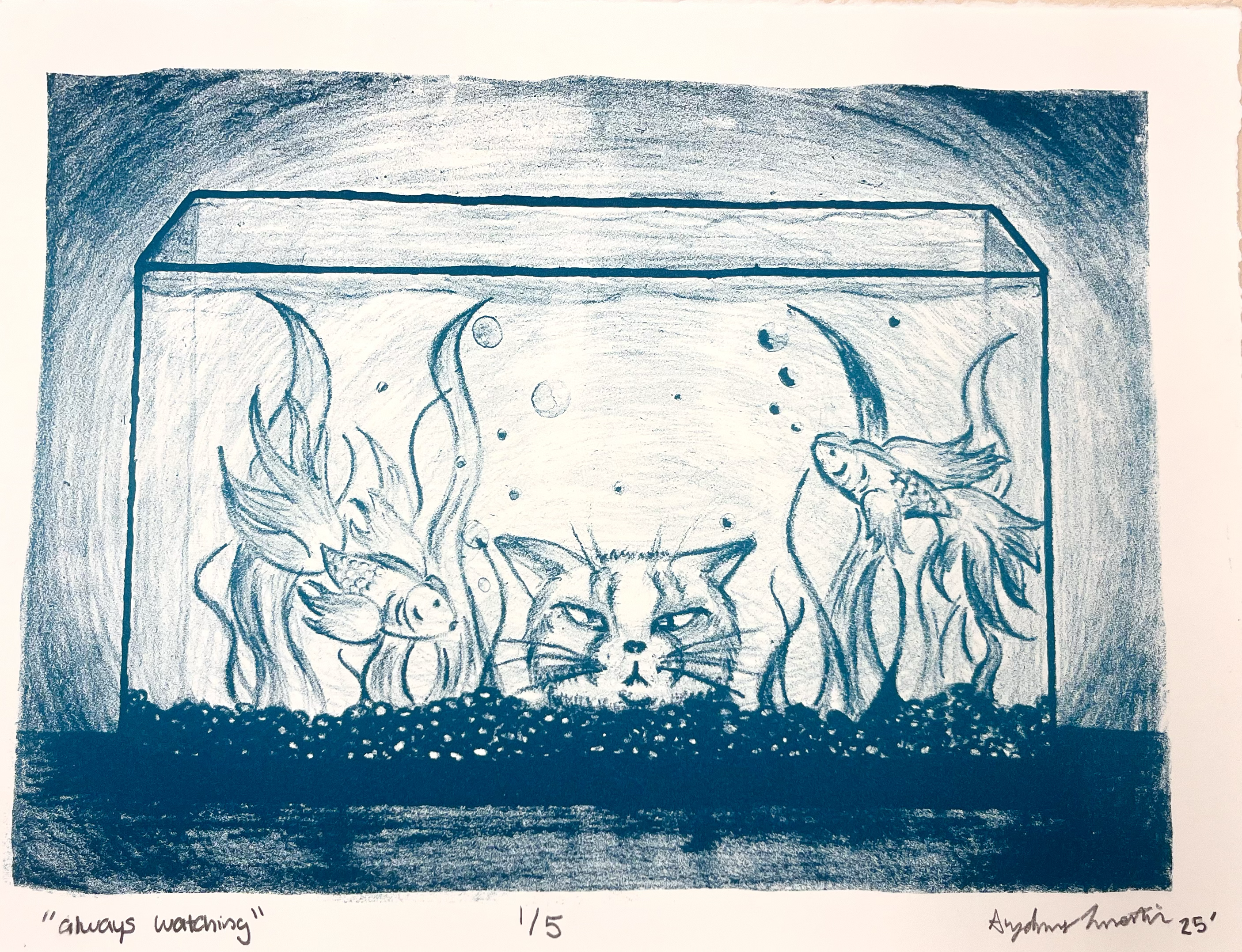 a close up of the blue and white cat and fish lithograph, displaying a cat watching 2 fish in a tank ready to attack at any moment.