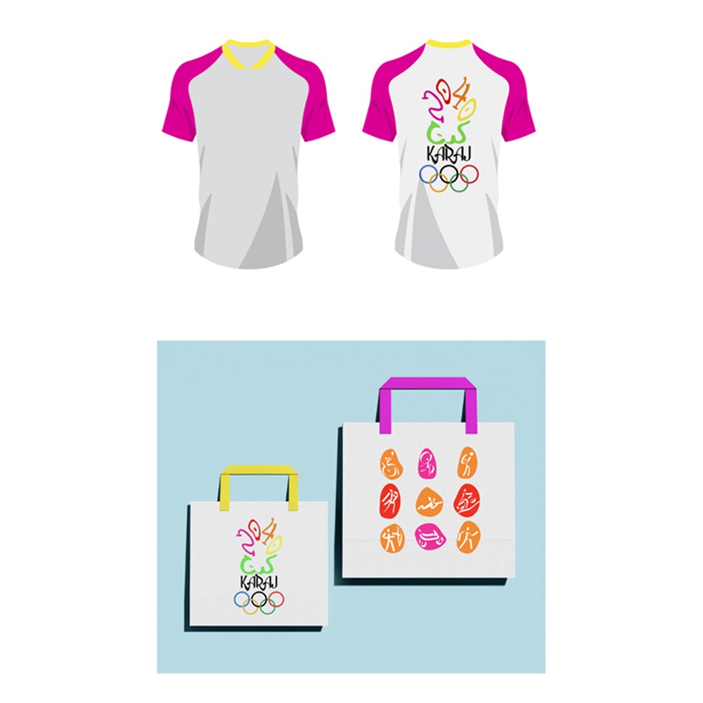  mockup of a olympic white shirts/jersey with pink sleaves a yellow neckline and the 2040 karaj logo on the front. another mockup displaying 2 white tote bags one with a yellow handle the other with a pink handle, yellow handle bag shows the 2040 karaj logo on it and the pink with images of the final pictorgams.
