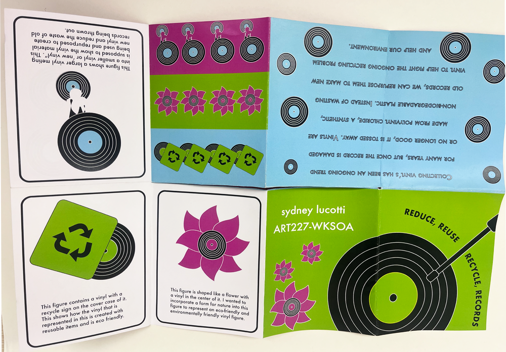 full unfolded zine front design. design contains bright blue green and pink coloring along with information and illistrations of records