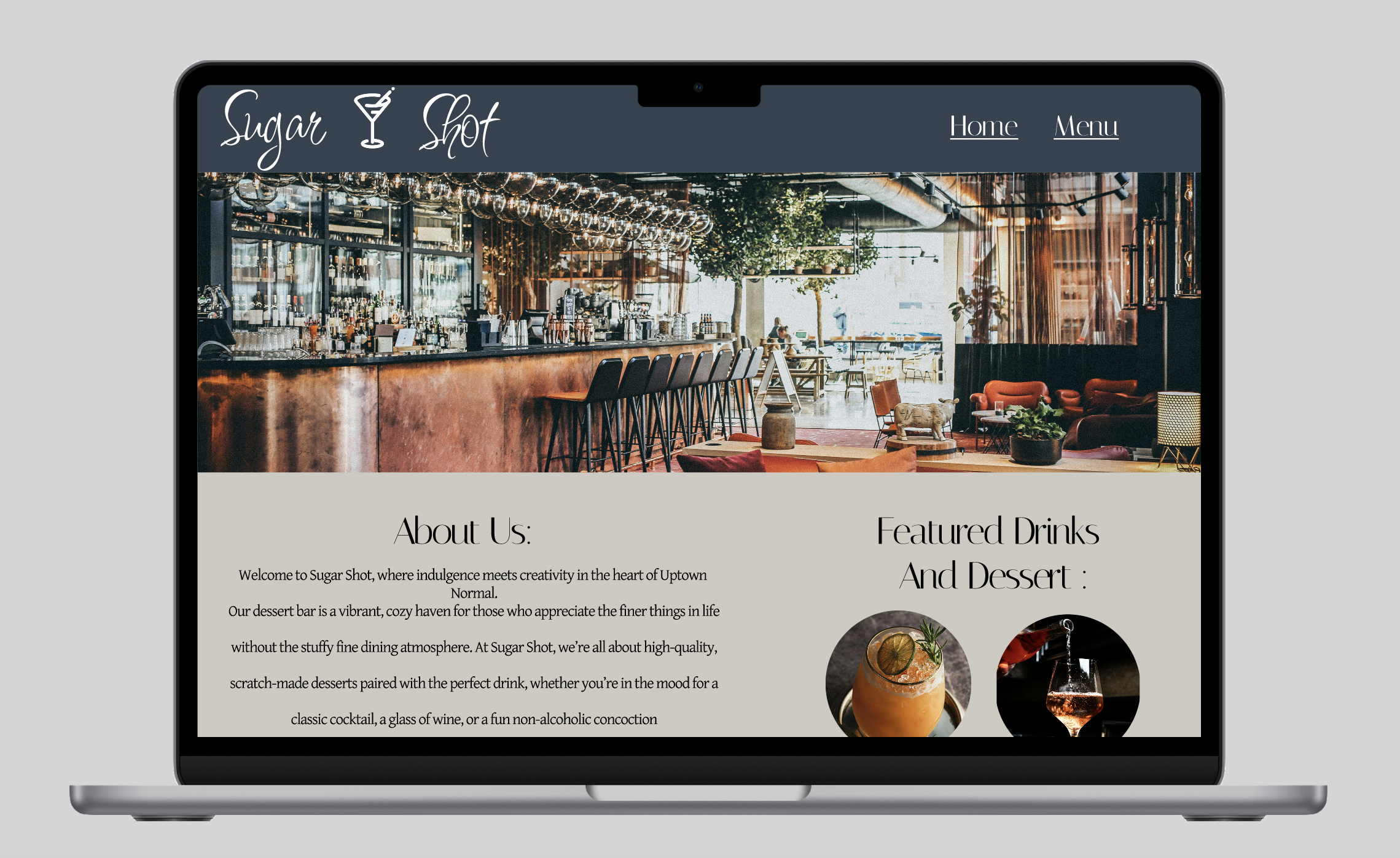 sugar shot website homepage design featuring a dark theme against a beige background with images showing the inside of the restaurant
