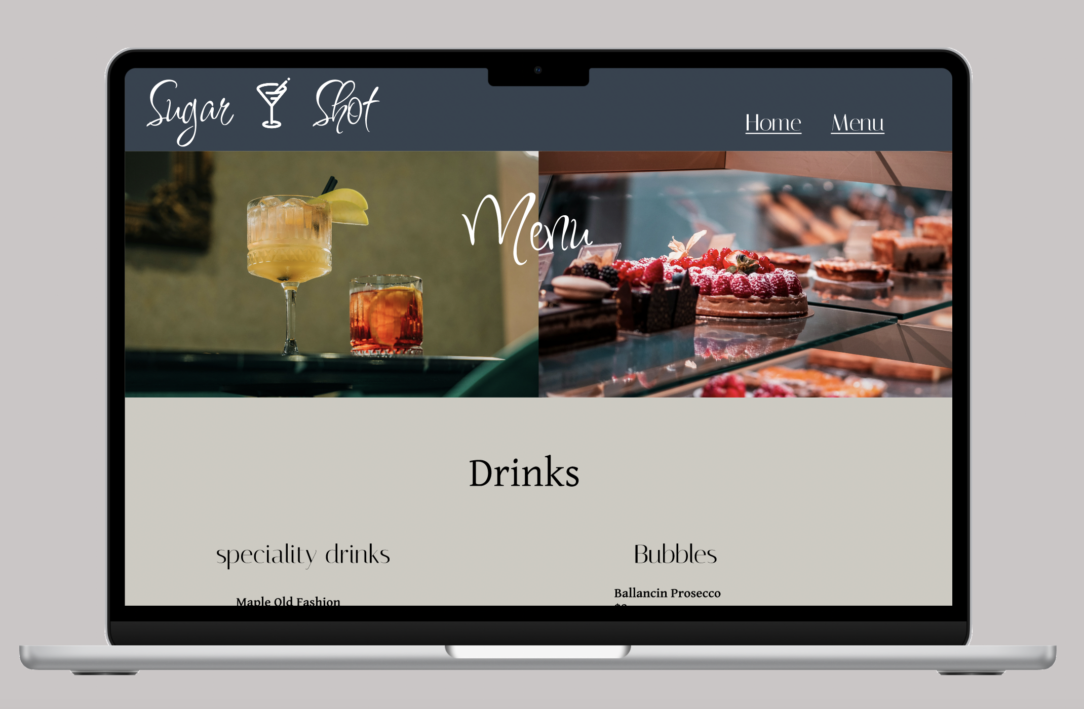  top of sugar shot website menu page. images of 2 cocktails sit on a bar along side a image of assorted berry desserts. the top of the drink section of menu is slightly shown 