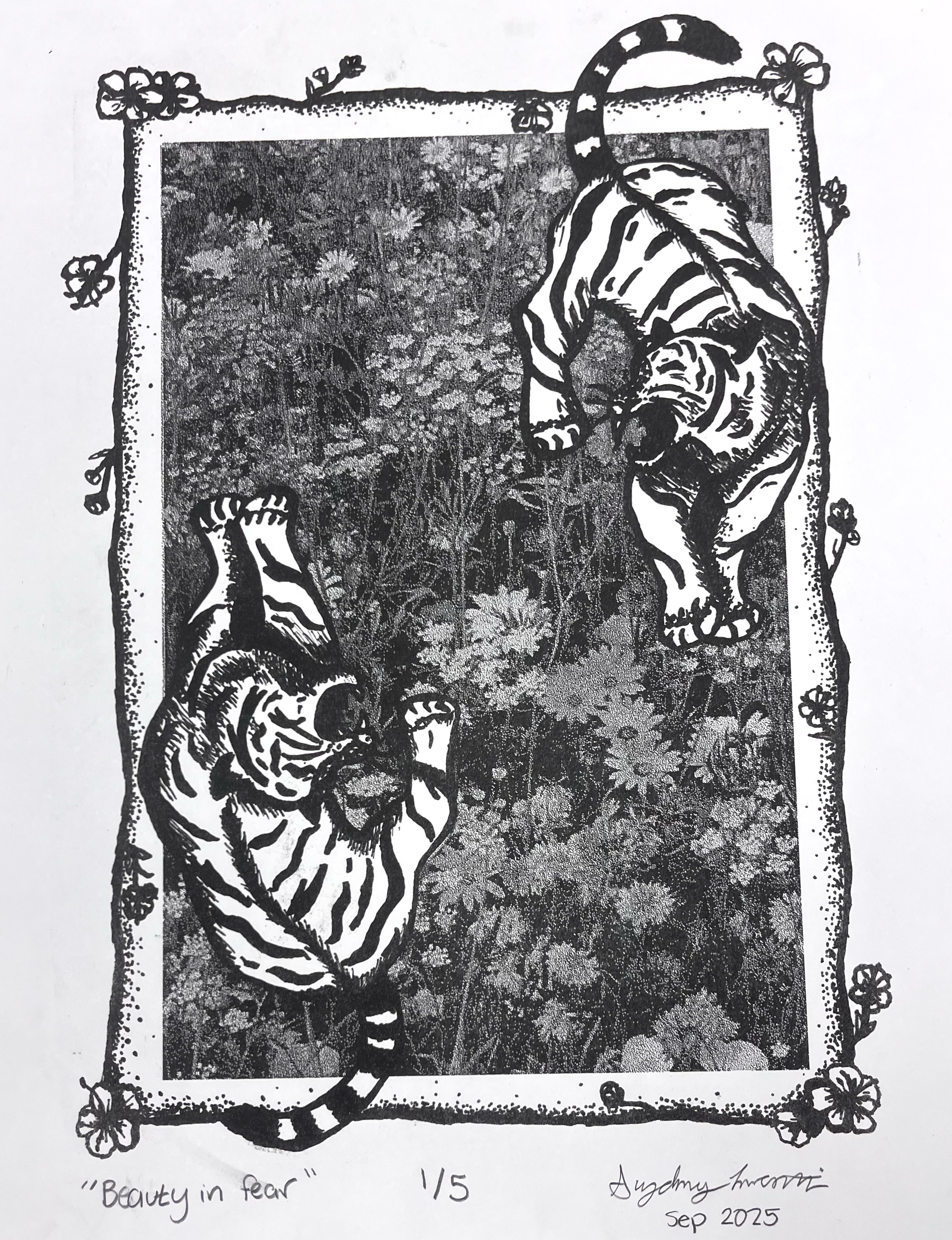a close up of the black and white tiger lithograph, dislaying 2 tigers dancing/circling around a background of flowers 