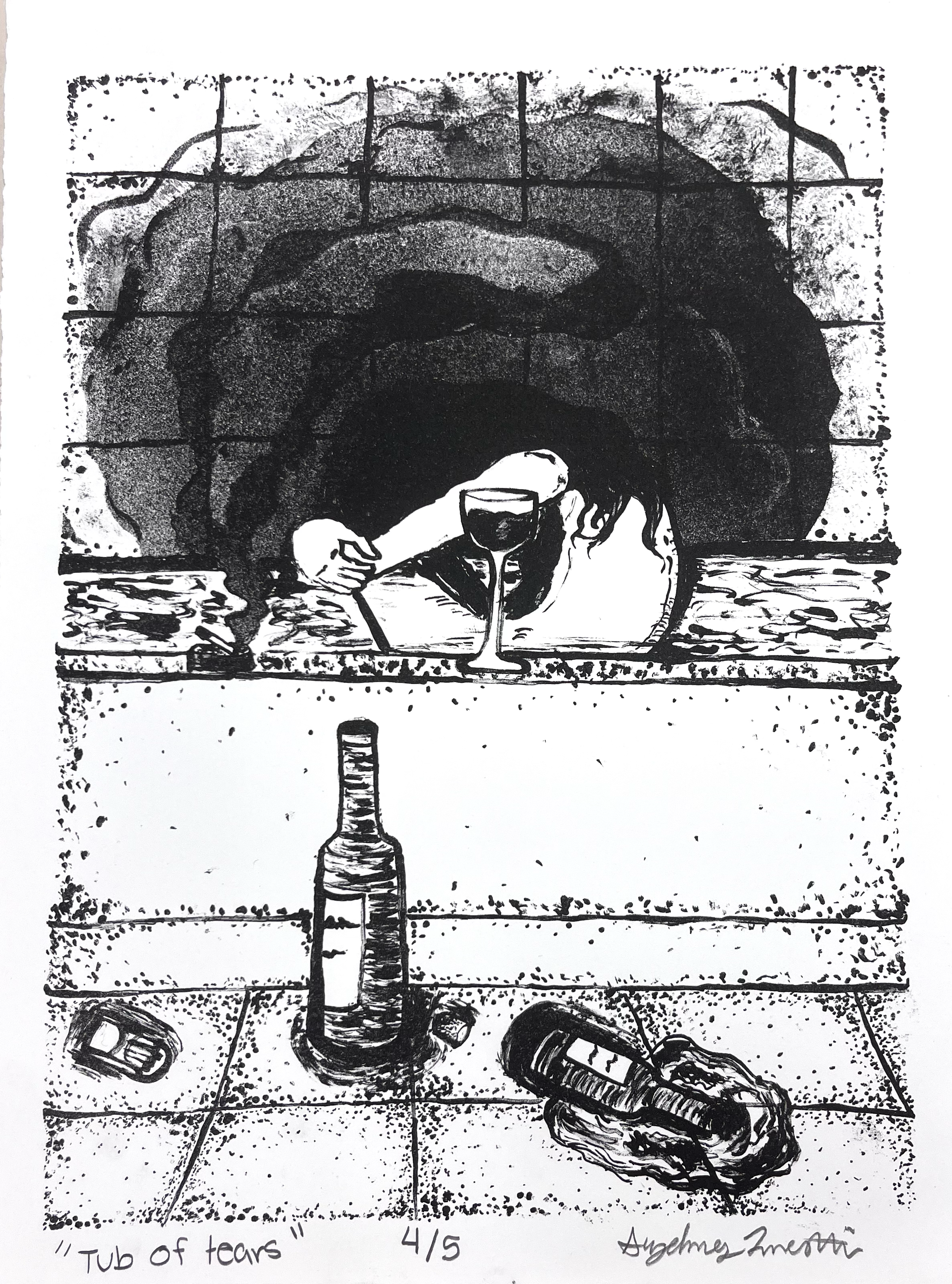 a close up of the black and white women in the bathtub lithograph, displaying a women covering her face sorounded by a haze, wine bottles and cigerettes while in a bathtub. 