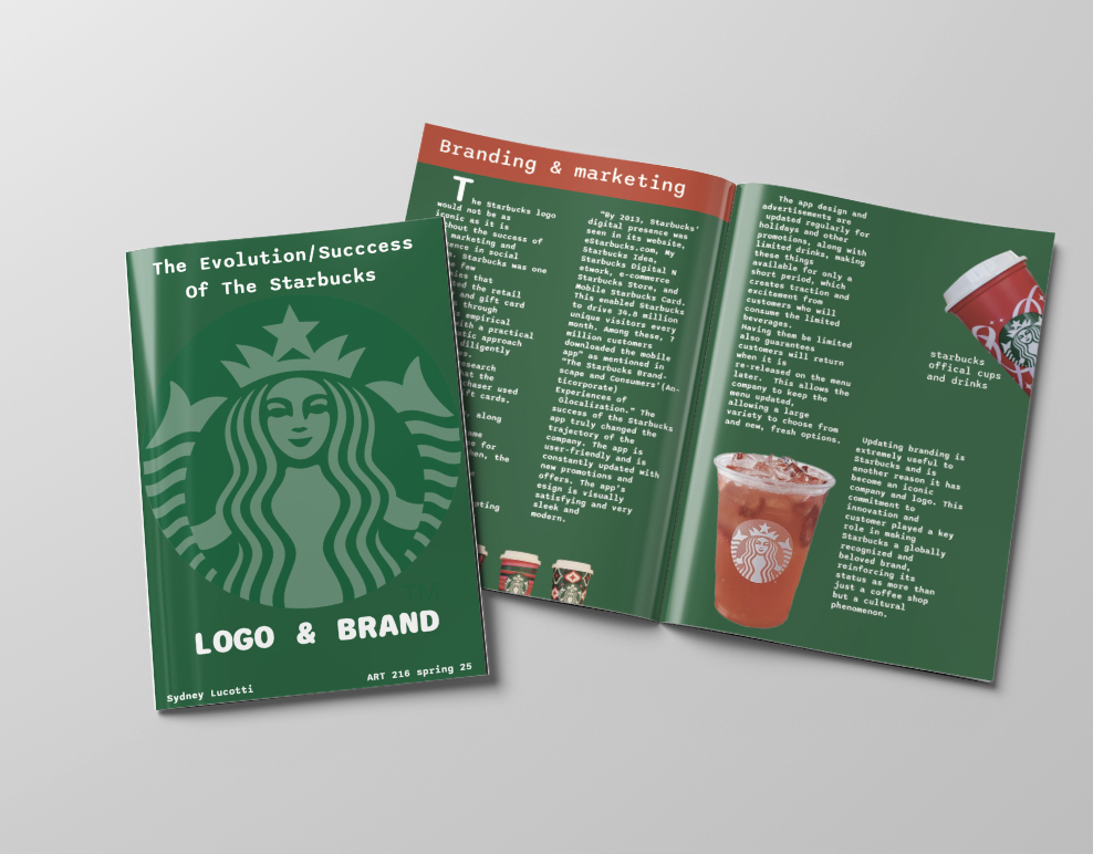 Green and white zine booklet featuring Starbucks branding and logo evolution along with content about the company on a open page 
